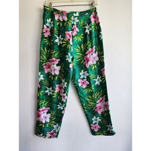 Anne Carson Women Green w/Multicolor Floral 100% Silk Trouser Pants size 8